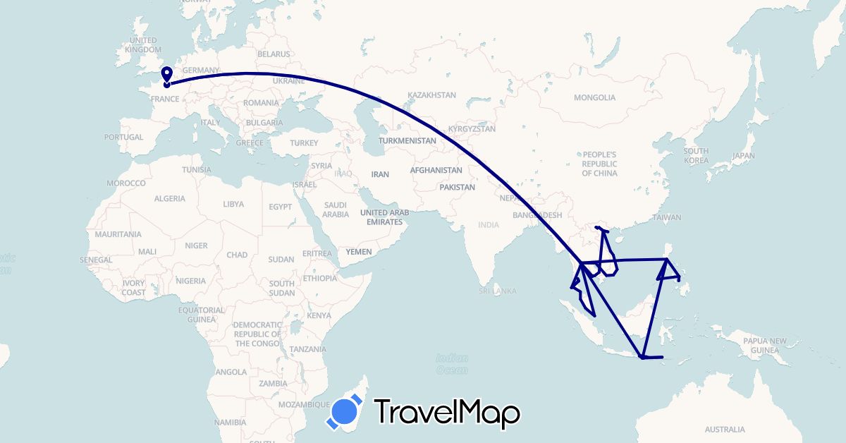 TravelMap itinerary: driving in France, Indonesia, Cambodia, Malaysia, Philippines, Singapore, Thailand, Vietnam (Asia, Europe)